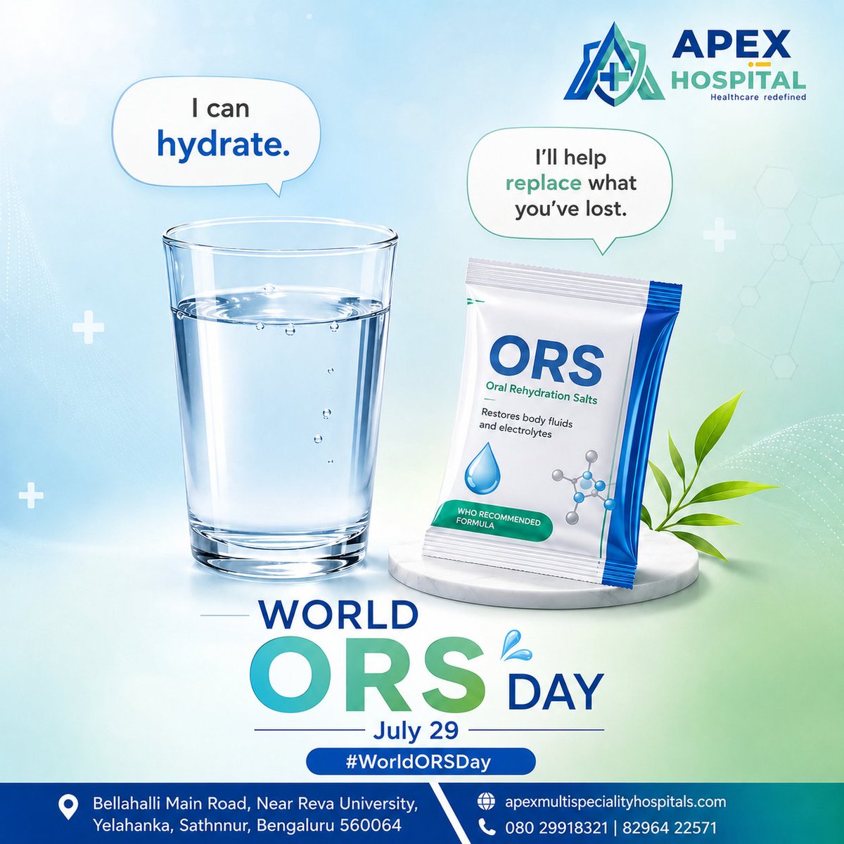 Apex_MSH's tweet photo. Water hydrates. ORS restores.

When dehydration strikes, ORS helps replace the fluids &amp; electrolytes your body loses due to diarrhea, vomiting, fever, or excessive sweating.

This #WorldORSDay, stay prepared and protect your loved ones. 💙

#Hydration #ORS #ApexHospital https://t.co/kz0zt0rFWU