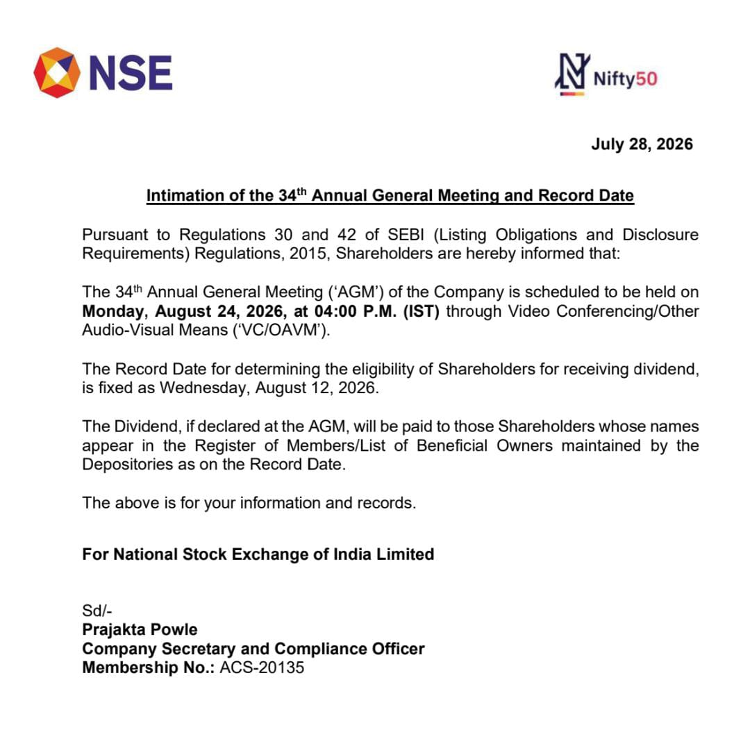 financial_usip's tweet photo. 📢#NSE has fixed August 12, 2026, as the Record Date for #dividend eligibility.

🗓️Record Date: August 12, 2026
🏛️AGM: August 24, 2026

Shareholders holding NSE shares on the record date will be eligible for the dividend if approved at the AGM.

#Shareholders #UnlistedShares https://t.co/9Bm0Pru2M8