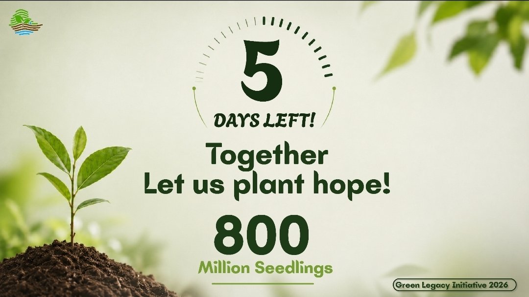 AbiyAhmedAli's tweet photo. Only 5 days remain to make history through the united arm of all Ethiopians by planting 800 million seedlings in a single day! In these remaining days, I call upon my beloved fellow citizens to make the necessary preparations, rise with determination, and ensure the victory we will achieve in our unity.
Together, let us plant hope!

#GreenLegacy