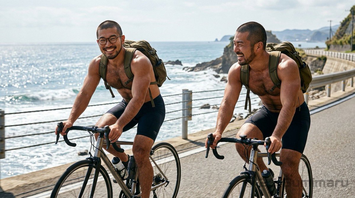 sumimaru_rd's tweet photo. "Coastal Ride Lovers"

#AI男子 #Alman #AIGeneratedMan #Almale
#couplescene #cyclingdate #coastalroad
#roadbikevibes #outdooradventure #summerride
#seasideview #activecouple
#RuggedDuo https://t.co/2H0ABBJ0EO