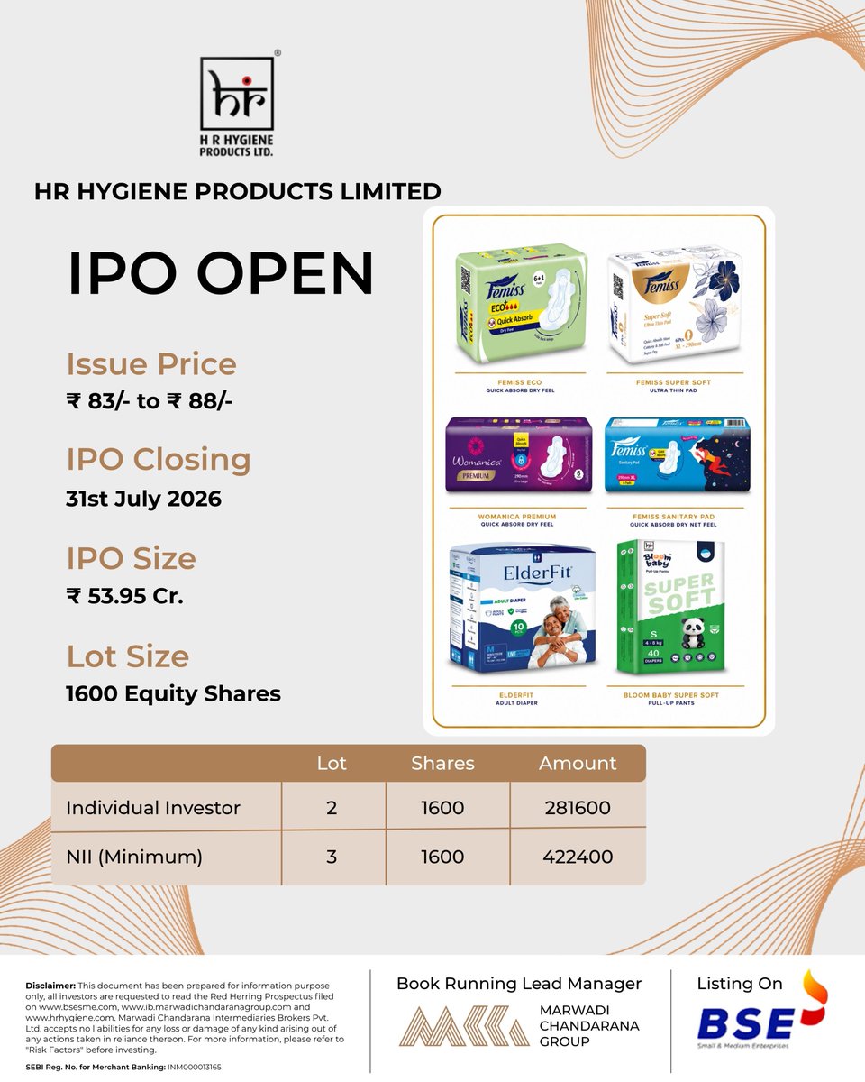 MCG_India's tweet photo. The HR Hygiene Products Limited IPO is opening for subscription on @BSEIndia SME platform!

We are proud to be associated as their Book Running Lead Manager.

@amishchandarana @khetan_mayur @Bhanushalibipi1 @ijigardesai

#MarwadiChandaranaGroup #HRHygieneProductsLimited #IPO #BSE https://t.co/vtSxZEOe1B
