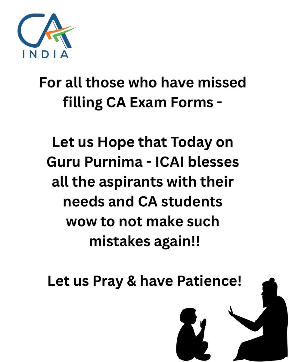 Surajgupta7x's tweet photo. Apologies, @theicai. I missed the exam form notification. But it’s also true that I didn’t receive even a single email about the CA Final Nov 2026 exam forms. On this Guru Purnima, I humbly request ICAI to reopen the portal for 1 day. Please give 500+ students one last chance. 🙏 https://t.co/TjXqbaByOu
