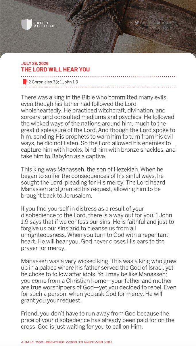 FaithKultureDEV's tweet photo. When you turn to God with a repentant heart, He will hear you. God never closes His ears to the prayer for mercy. https://t.co/WHJoiUh6Ho