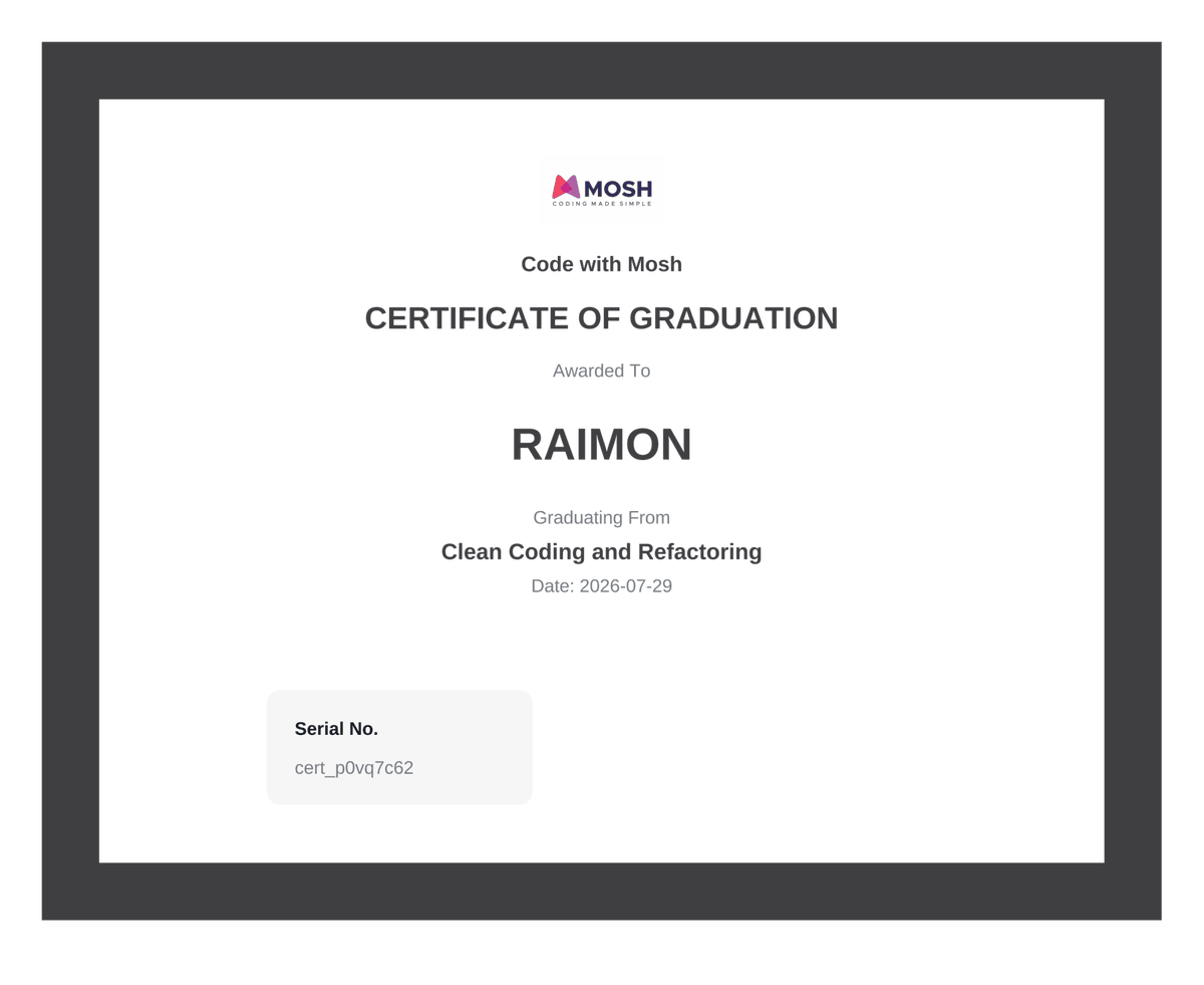 raimonvibe's tweet photo. Yass, another certificate in the pocket 🥳
Thank you @moshhamedani for creating this useful course!
#CleanCoding https://t.co/crDxnMp3G3