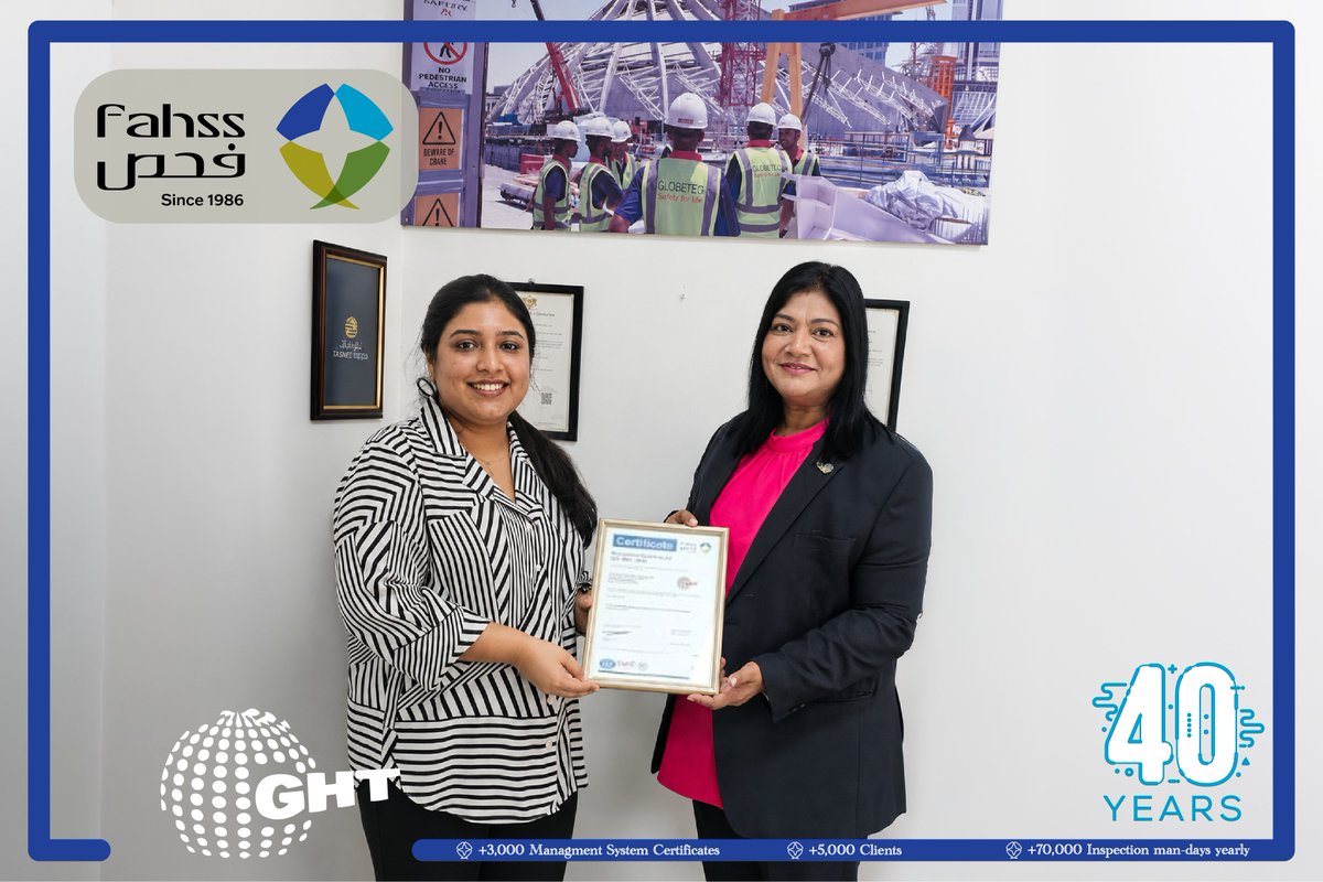 FAHSSKSA's tweet photo. Congratulations to Globetech Hydraulic Trading LLC!

FAHSS are pleased to recognize Globetech Hydraulic Trading LLC for its continued commitment to quality and organizational excellence through maintaining its ISO 9001:2015 certification since 2017.

Established in the UAE in 2011, Globetech is a UAE-based engineering company specializing in hydraulic systems, automation solutions, and custom-engineered projects. Its diverse portfolio extends from oil and gas facilities and world-class theme parks to luxury villas, delivering complex and innovative engineered systems across the UAE and the wider region.

This achievement reflects the company’s dedication to consistent quality, customer satisfaction, technical excellence, and continual improvement.

We extend our sincere appreciation to the management and the entire Globetech team for their professionalism, cooperation, and sustained commitment to the principles of quality management.

Wishing Globetech Hydraulic Trading LLC continued success, growth, and further engineering achievements.

#FAHSS #ISO9001 #ISO9001_2015 #QualityManagement #QualityExcellence #Globetech #HydraulicSystems #AutomationSolutions #EngineeringSolutions #CustomEngineering #OilAndGas #UAE #Certification
