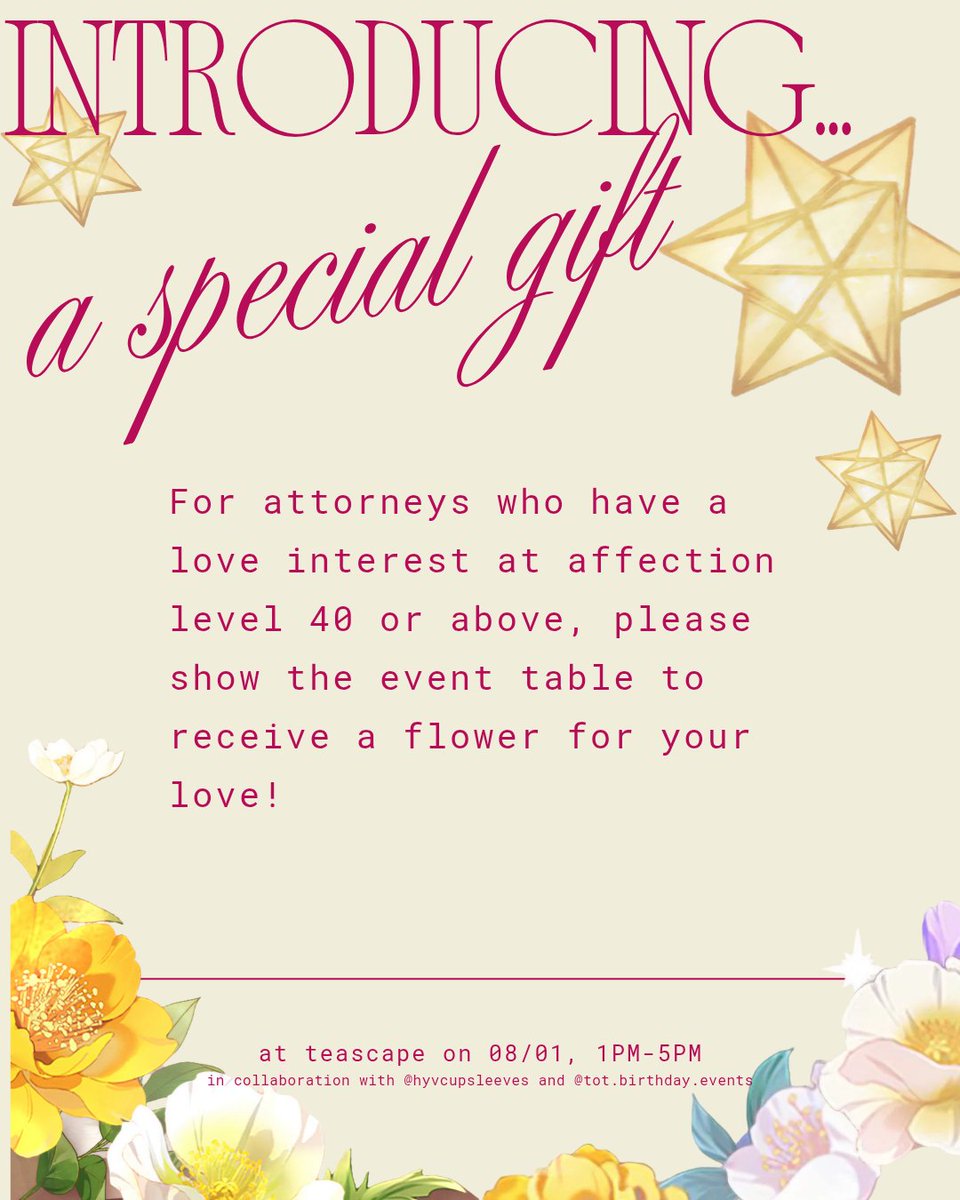 hyvcupsleeves's tweet photo. dear attorneys, 

happy 5th anniversary! as a special gift, please show the event table if you have an affection level of lvl. 40 or above for a present! can't wait to see you there~

#tearsofthemis #tot5thanniv #tottwt #totwedding https://t.co/LkQYGhz6yk