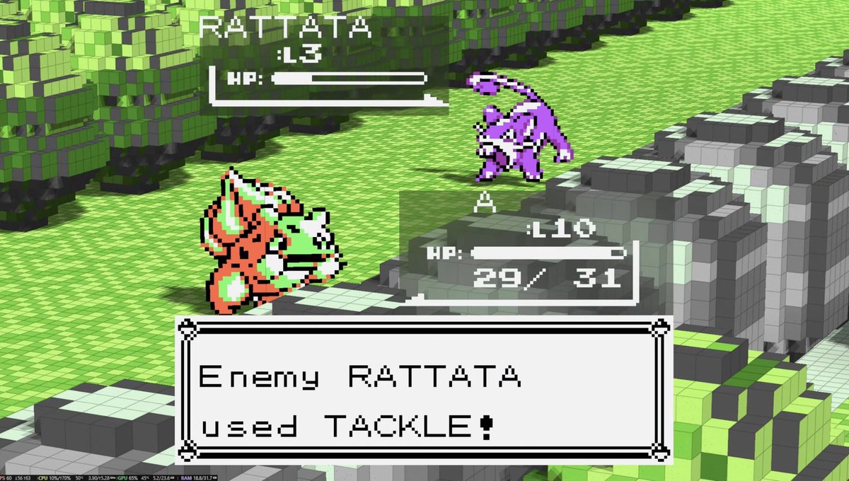Angeluz01's tweet photo. Pokémon Blue | Gen1Recomp v0.1.34 Bugfix + Dramatic Shape Voxel Mod v1.1.1 Battle Hotfix (Latest)

With the Voxel 3D Mod v1.1.1, the original 2D battles are now upgraded to 2.5D, fights now take place right on the 3D map instead of a flat background

https://t.co/G5L47rbCYd https://t.co/RFBsDk3VnA