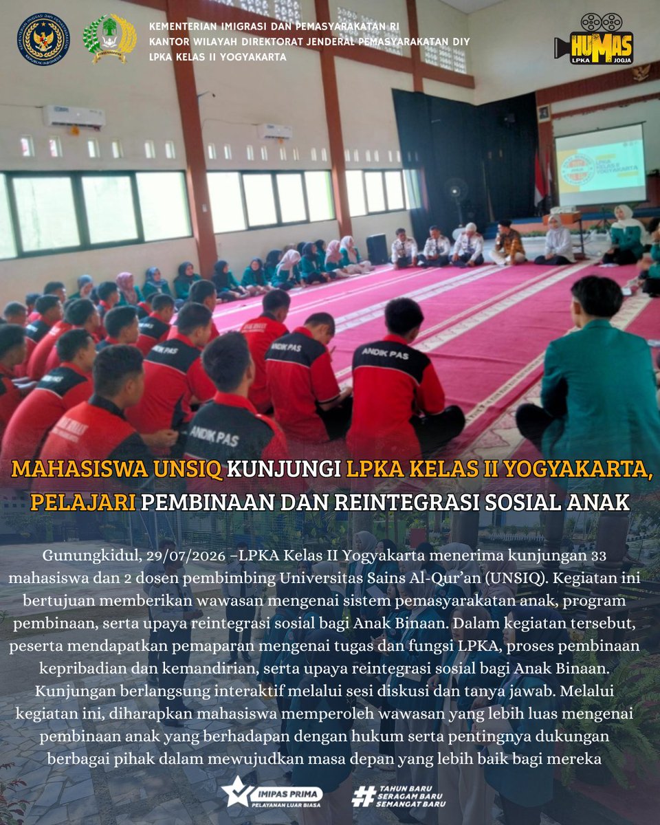 lpkajogja's tweet photo. 🏫 LPKA Yogyakarta menerima kunjungan akademik dari 33 mahasiswa dan 2 dosen pembimbing Universitas Sains Al-Qur’an (UNSIQ), Rabu (29/7). Melalui kegiatan ini, mahasiswa memperoleh wawasan mengenai sistem pemasyarakatan anak, program pembinaan, dan reintegrasi sosial Anak Binaan https://t.co/DuA4lDehQ9