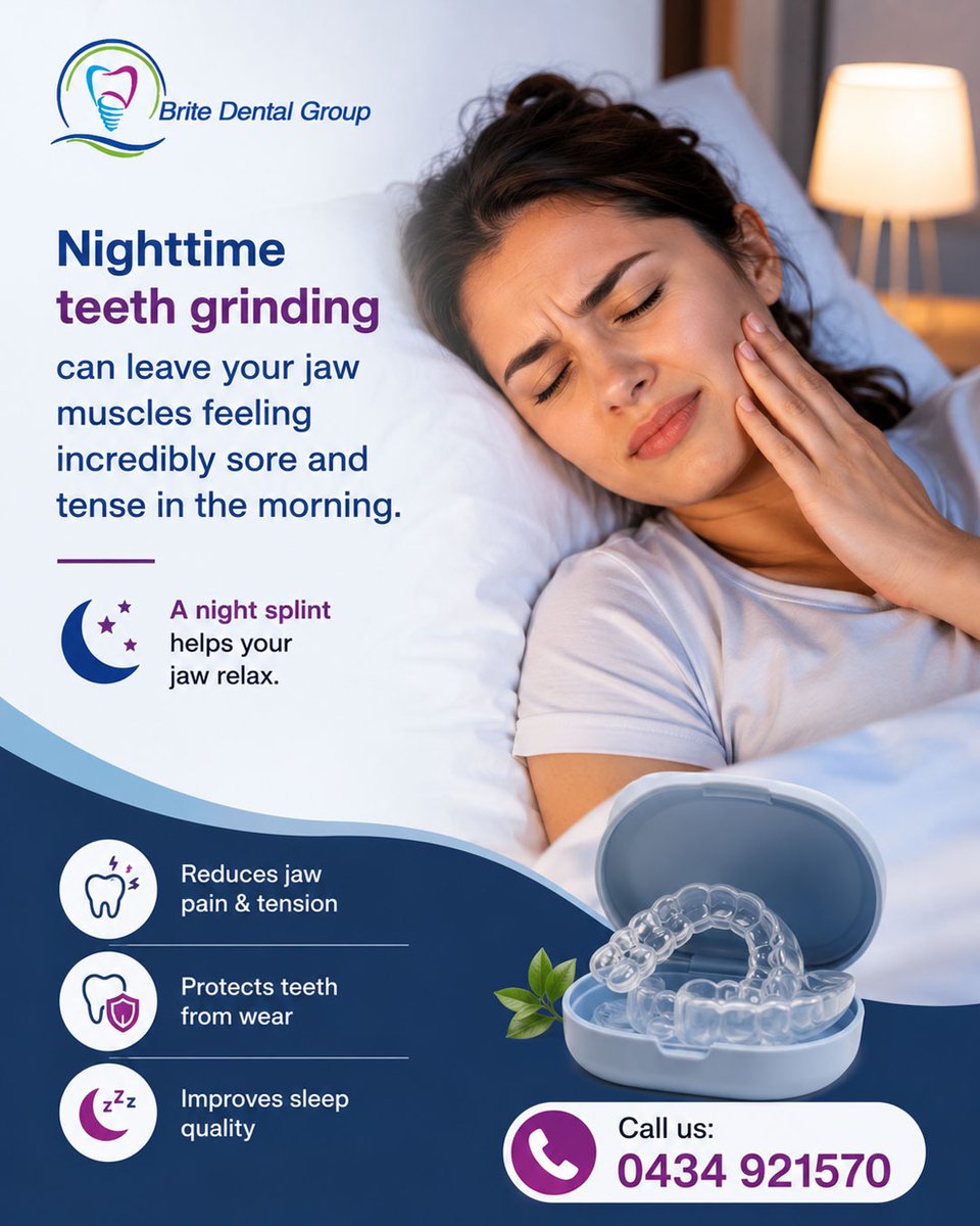 BriteDentalAus's tweet photo. Nighttime teeth grinding can leave your jaw muscles feeling incredibly sore and tense in the morning. A night splint helps your jaw relax.
#TeethGrinding #BruxismRelief #NightSplint #JawPainRelief #OralHealth #SleepWell #HealthyHabits #DentalCare #JawRelaxation #SoreJaw https://t.co/6ZMARAfkBz