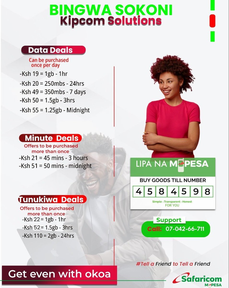 Daily_254's tweet photo. Buy Bingwa Sokoni Services even with okoa
⭐1.25gb till midnight@ 55
⭐Sh50=1.5GB,3hrs 
⭐:Sh300=2.5GB,7days
⭐:Sh19=1GB,1hr
⭐:Sh20=250MB,24hr
⭐Sh99=1GB,24hr
⭐ Sh51= 50 mins till midnight 
⭐Sh21=45 mins 3hrs 
LIPA NA MPESA TILL 4584598
 ODM WhatsApp morara sifuna morara https://t.co/RzUVwO045b