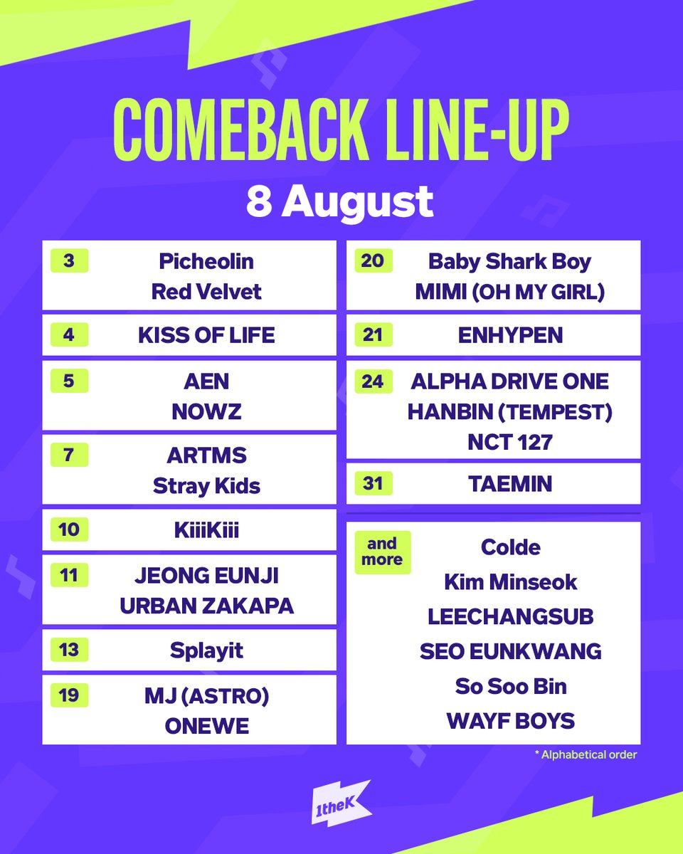 1theK's tweet photo. 🌊COMEBACK LINE-UP for AUGUST🌊 https://t.co/Vv2eX0L7wm