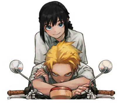 A color drawing of the new protagonists of Horikoshi's new 61 page one-shot horror story. A girl with black hair, soft oval eyes, and soft smile sits on the back of a motor bike, behind a boy with yellow blonde hair and a piercing gaze with red eyes.
