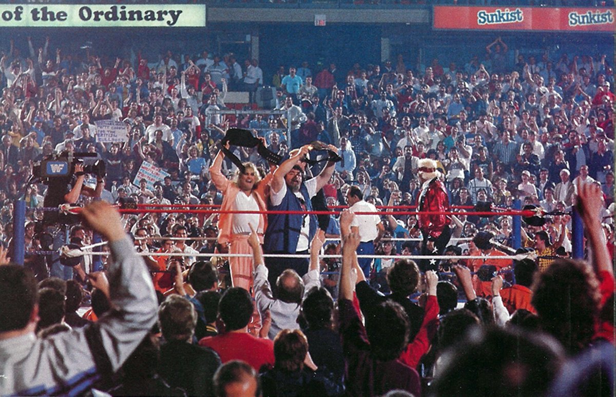 WWFWrestling1's tweet photo. WrestleMania Wednesday! The late, great Ozzy Osbourne accompanies Captain Lou Albano and the British Bulldogs as Dynamite &amp; Davey win the WWF tag team titles at WrestleMania 2. #WWF #WWE #WrestleMania #LouAlbano #BritishBulldogs #OzzyOsbourne https://t.co/DNflLYJ0KK