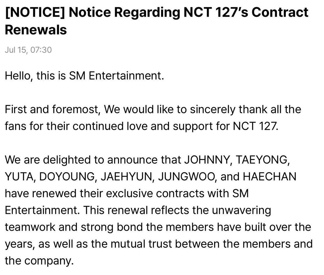 meedariku's tweet photo. buat temen temen yang gatau, ini adalah nama dan jumlah member NCT 127. 

renew kontrak all member, berjumlah TUJUH ORANG
‼️7 ORANG‼️
(Johnny, Taeyong, Yuta, Doyoung, Jaehyun, Jungwoo, Haechan)

grup ini baru aja merayakan anniv 10 tahun. 
jadi 1+2+7 =10 

sekali lagi, NCT 127 jumlah membernya 7 ORANG yaa 🙏🏻 tolong hargain yang ada.

sekian. 🙏🏻