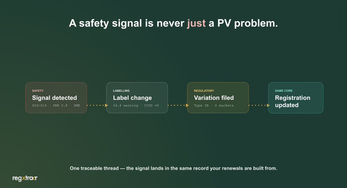 RegXtrakt's tweet photo. A safety signal isn't just a PV problem. It's a labelling change, a variation, sometimes a market action.
 
RegXtrakt Safety lives on the same core as Regulatory — a signal lands in the same record your renewals are built from.
 
#Pharmacovigilance #DrugSafety #RegTech https://t.co/rjnEAbGeNJ
