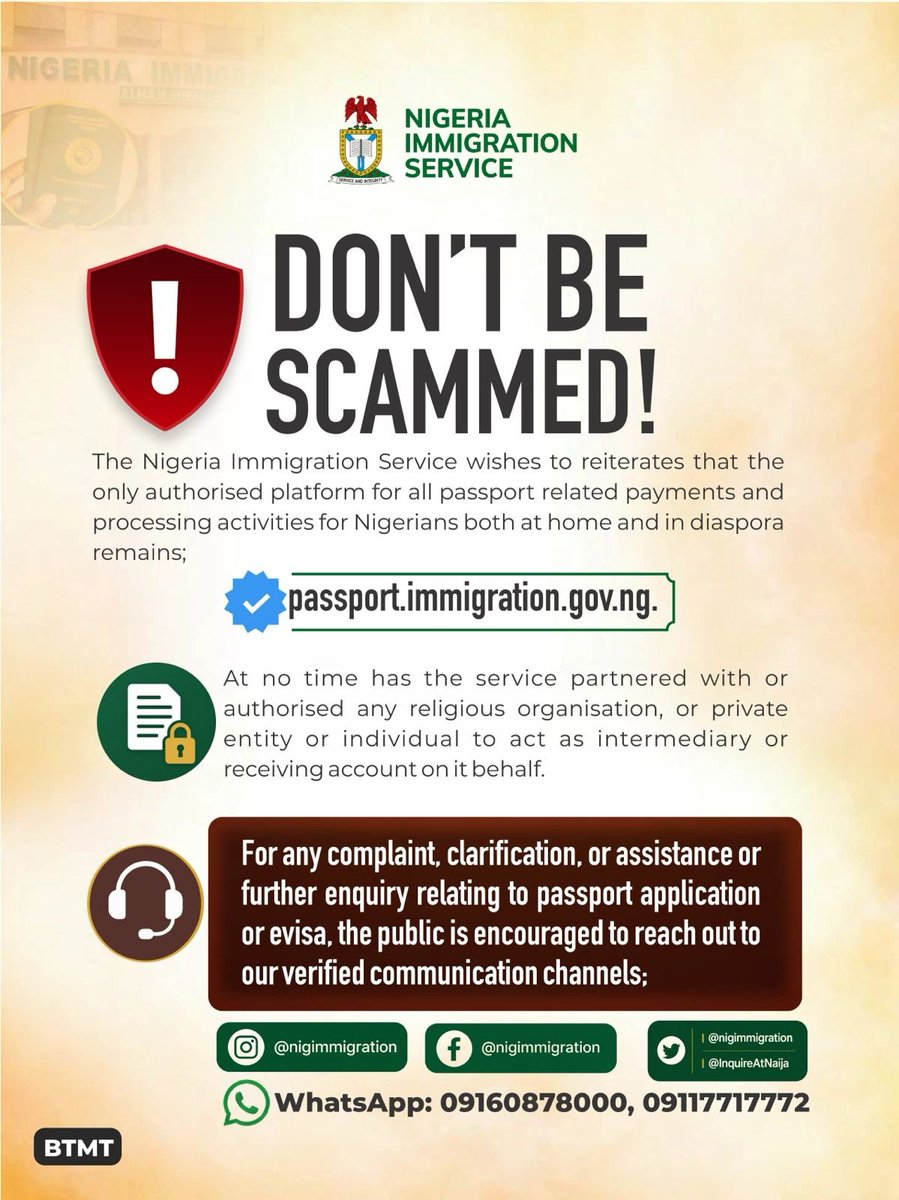Ekitiketekan's tweet photo. NIGERIA IMMIGRATION SERVICE 
[NIS) SAYING BEWARE OF SCAMMERS ... 

 ⚠️ ⚠️ ⚠️ 

Cc
@DrJoeAbah
@segalink
@seyilaw1
@OgbeniDipo
@OlayinkaLere
@Omojuwa
@woye1
@DOlusegun 

#NIS
#BewareofSCAMMERS https://t.co/tzvYiMFWoO