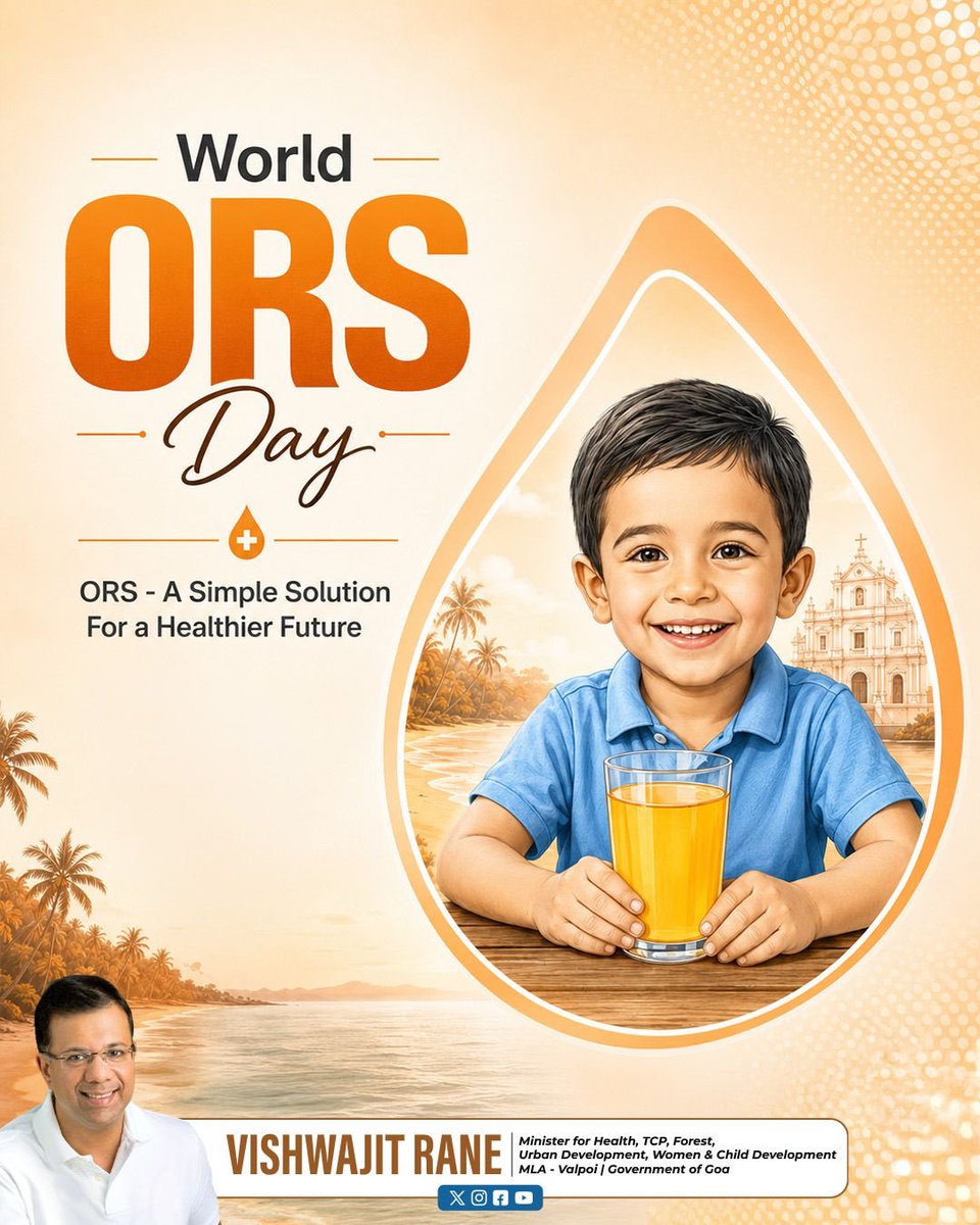 visrane's tweet photo. On #WorldORSDay, let us remember that ORS is one of the simplest and most effective ways to prevent dehydration caused by diarrhoea.
During the monsoon, diarrhoeal illnesses can rise, making early rehydration crucial. I urge every family in Goa to keep ORS readily available, ensure children stay well hydrated, and visit the nearest Government Health Centre if symptoms persist.
Together, let us build a healthier, stronger Goa through awareness, prevention and timely care.
#HealthyGoa