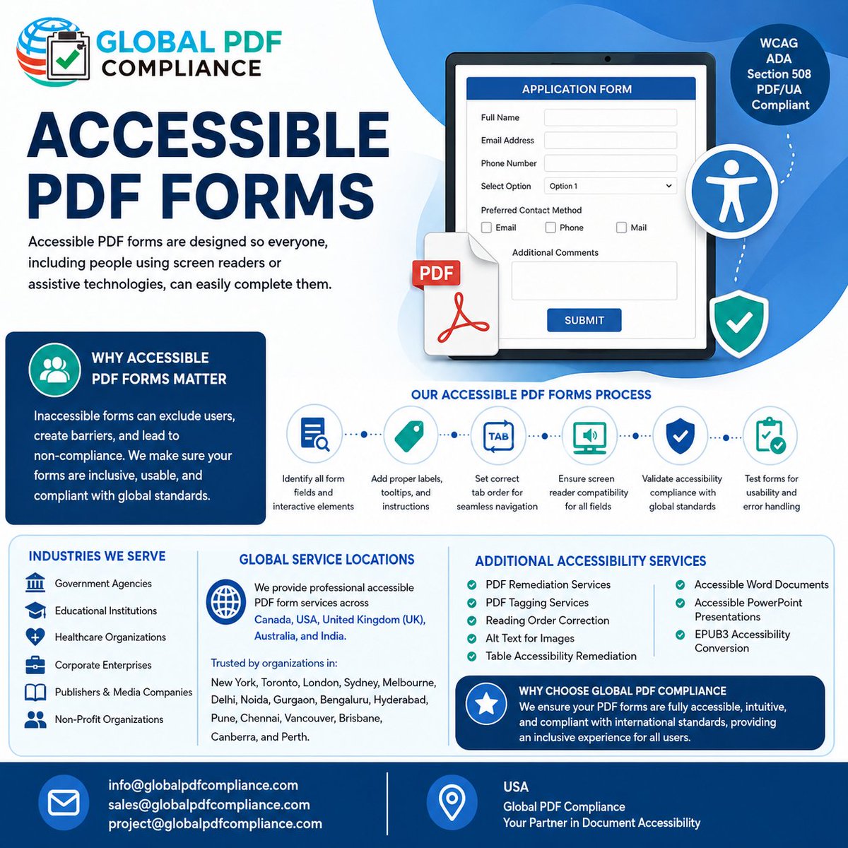 GlobalPDFCo's tweet photo. Global PDF Compliance delivers Accessible PDF Forms with proper tagging, logical tab order, screen reader compatibility, and full WCAG, ADA, Section 508 &amp; PDF/UA complianc
📧 info@globalpdfcompliance.com
#PDFAccessibility #AccessibleForms #WCAG #ADA #Section508 #InclusiveDesign https://t.co/9I3UNsJyt0