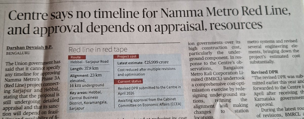DarshanDevaiahB's tweet photo. Centre has said that it cannot specify any timeline for approving #Bengaluru Metro’s Phase 3A project, stating that the proposal is still undergoing detailed appraisal and that its sanction will depend on feasibility &amp; availability of financial resources.

https://t.co/lInWZBkgJ6 https://t.co/Xn7ZxTNWcp