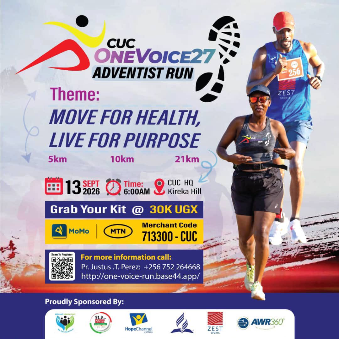 AdventistOnX's tweet photo. Come out and share a beautiful morning with the community at the CUC ONEVOICE27 Adventist Run this September 13th at CUC HQ, Kireka Hill. Starting at 6:00 AM, you can walk or run the 5km, 10km, or 21kmroutes to refresh your health and connect with wonderful people. Secure your event kit for just 30K UGXusing MTN MoMo code 713300. Let’s enjoy the energy and make every step count together

#OneVoice27 #AdventistRun #13thSeptember