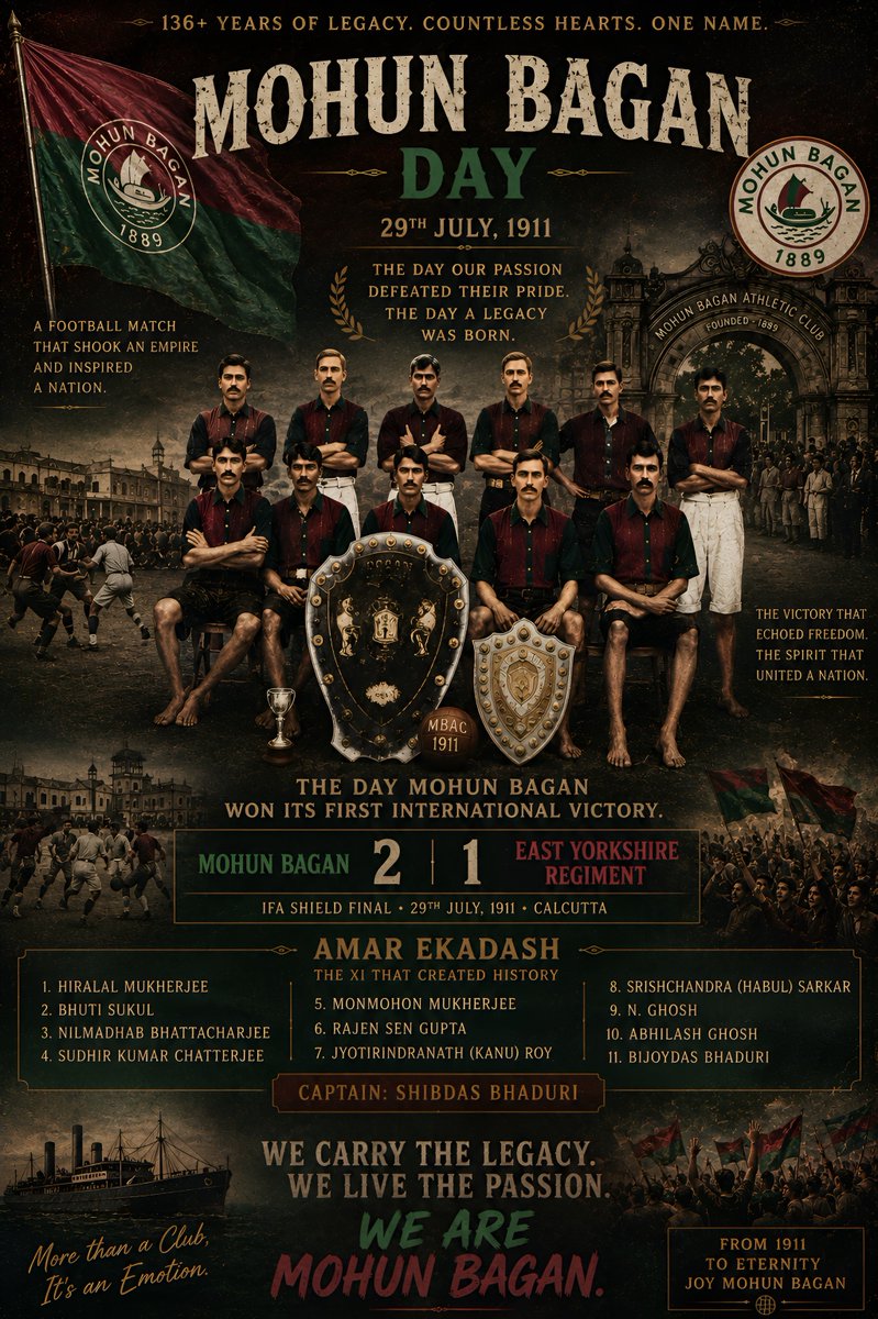 Pramit_Khan6's tweet photo. On this day in 1911, the #AmarEkadash rewrote Indian football history by defeating the East Yorkshire Regiment 2-1 in the IFA Shield Final. A victory that became a symbol of courage, pride, and legacy. 💚❤️

#MohunBaganDay #JoyMohunBagan https://t.co/g6tNSyHVOg