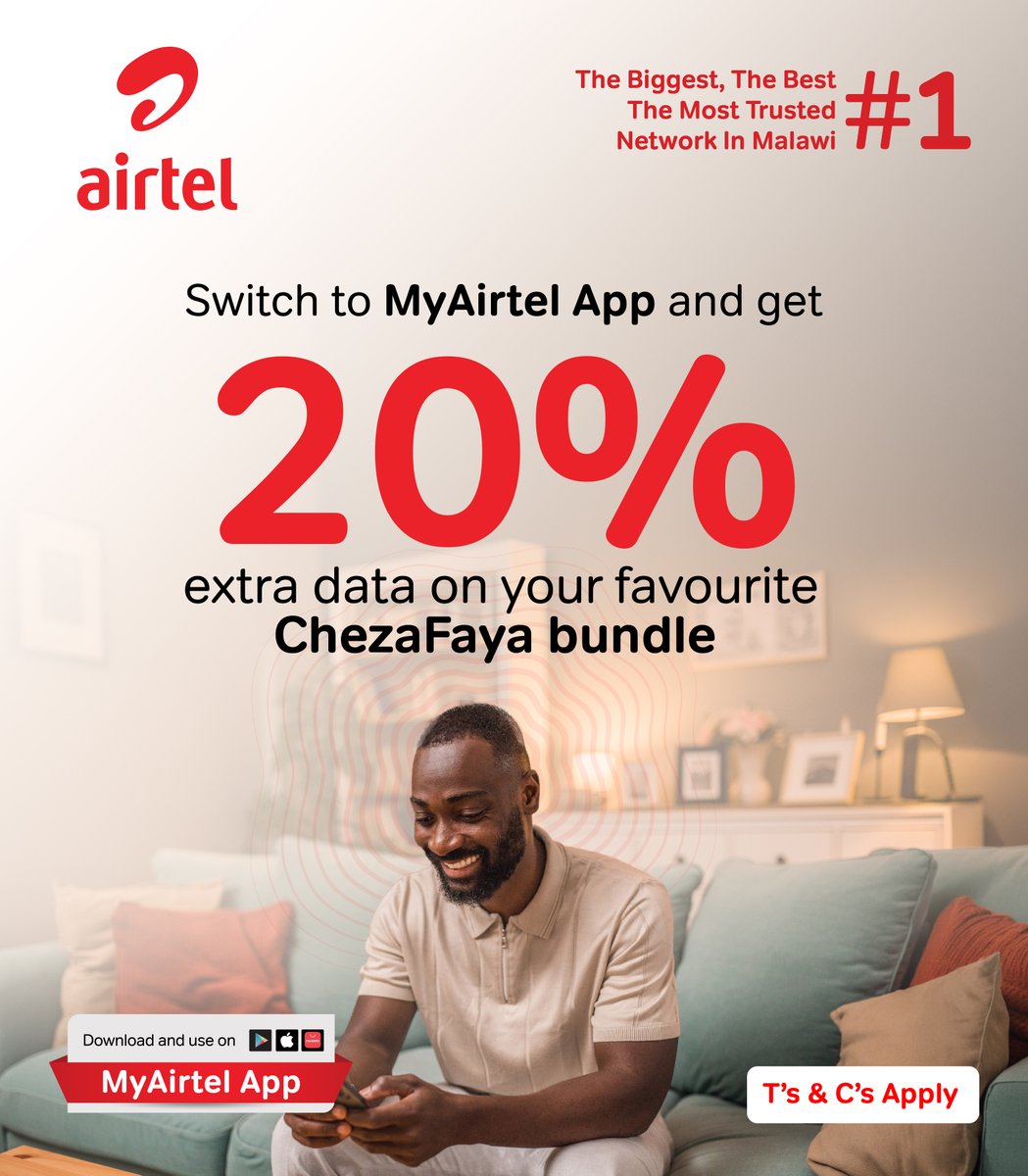 AirtelMalawiPlc's tweet photo. You are missing out if you are not getting your ChezaFaya bundle on MyAirtel App!
Enjoy a 20% data bonus on your ChezaFaya when you purchase it via the app: https://t.co/3fl69J9Jbz
#AirtelMalawi #ChezaFaya #DataBonus #MyAirtelApp https://t.co/H5UfzsZXD7
