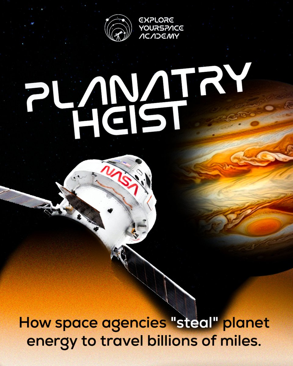 ExploreYSpace's tweet photo. Want to reach deep space without running out of fuel? Commit some cosmic theft! 🌌🚀

Engineers use a "Gravity Assist" to steal a tiny bit of a moving planet's orbital energy, slingshotting spacecraft forward at insane speeds! 🪐💨

Follow Explore Your Space Academy! #NASA https://t.co/R4DLPmp0ov