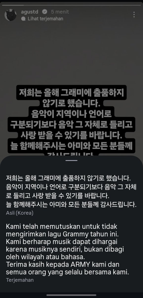 rkiveforlive's tweet photo. Seumur-umur jadi army gak pernah liat bts begini, kalo udah sampe announcement di story akun pribadi mereka sendiri artinya mereka udah capek dan muak banget karena gak dihargain. Tapi aku pribadi seneng dan bangga banget sama keputusan mereka, bener2 definisi keputusan yang tepat. Buat apa coba ngemis ke award yg rasis dan gak ngehargain karya musisi sama sekali 🙂🙂🙏💜