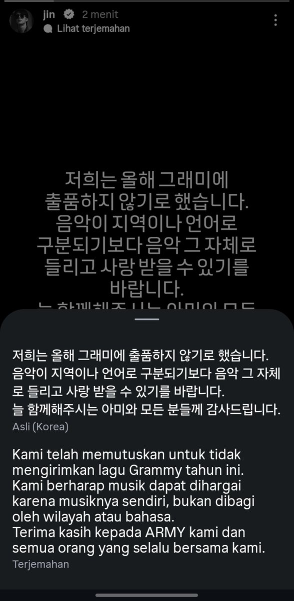 rkiveforlive's tweet photo. Seumur-umur jadi army gak pernah liat bts begini, kalo udah sampe announcement di story akun pribadi mereka sendiri artinya mereka udah capek dan muak banget karena gak dihargain. Tapi aku pribadi seneng dan bangga banget sama keputusan mereka, bener2 definisi keputusan yang tepat. Buat apa coba ngemis ke award yg rasis dan gak ngehargain karya musisi sama sekali 🙂🙂🙏💜