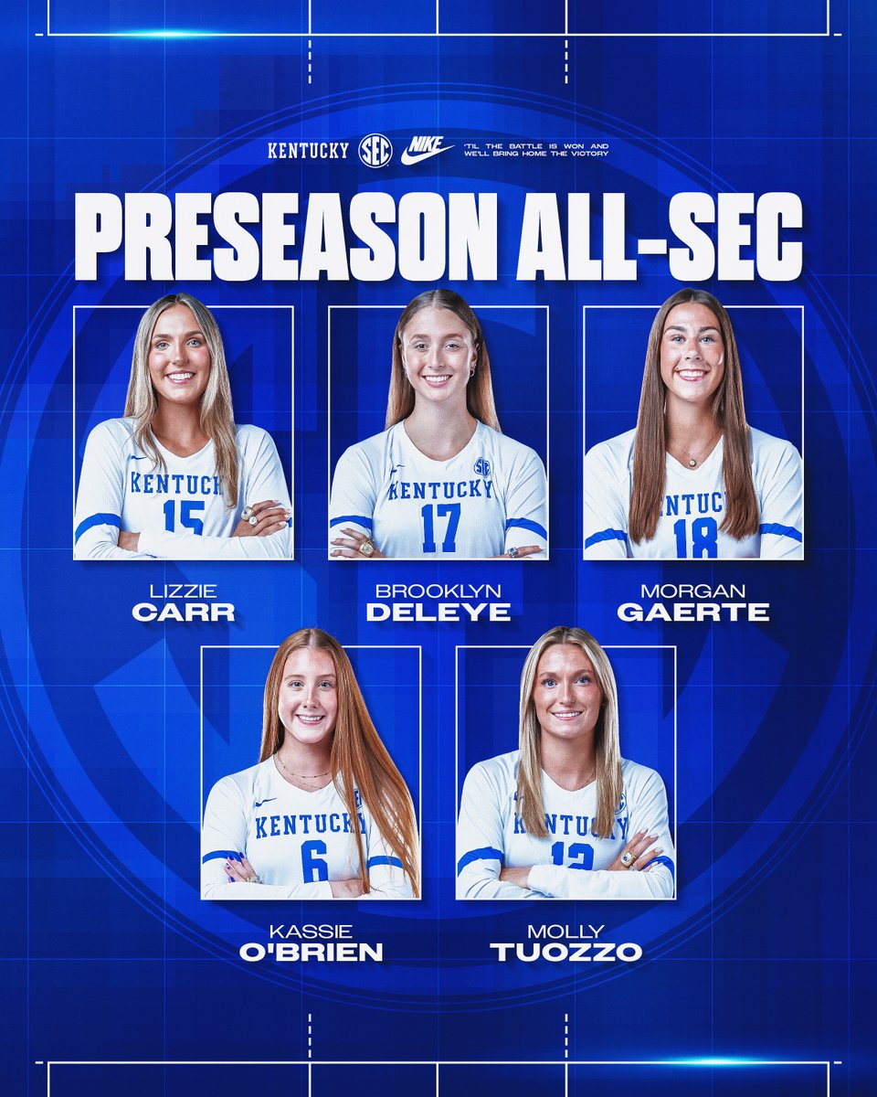 KentuckyVB's tweet photo. We’re fans of this starting five😌

Lizzie Carr, Brooklyn DeLeye, Morgan Gaerte, Kassie O’Brien and Molly Tuozzo have been named Preseason All-SEC!

#WeAreUK x #BBN https://t.co/uFeBPxi93X
