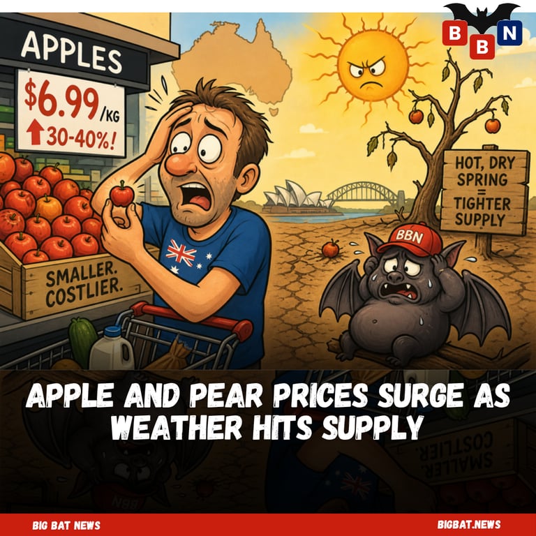bigbatnews's tweet photo. Apple and pear prices surge as weather hits supply

Apple prices across Australia are climbing, with shoppers paying around 30–40% more than this time last year. The main issue is tighter supply after a difficult growing season. Wholesalers say last year’s hot, dry spring reduced flowering and fruit set, leaving fewer apples available and more fruit coming through undersized, which can also affect quality on shelves.

It’s not just apples. Pears have been hit by the same conditions, and prices are reported to be up about 40–50% compared with last season. With supply expected to stay tight for months, many households may need to brace for higher fruit bills and less consistent produce until conditions improve and the next seasons start to rebuild stock.

#Australia #ApplePrices #PearPrices #ProduceShortage #GroceryPrices #FoodNews #ShopSmart