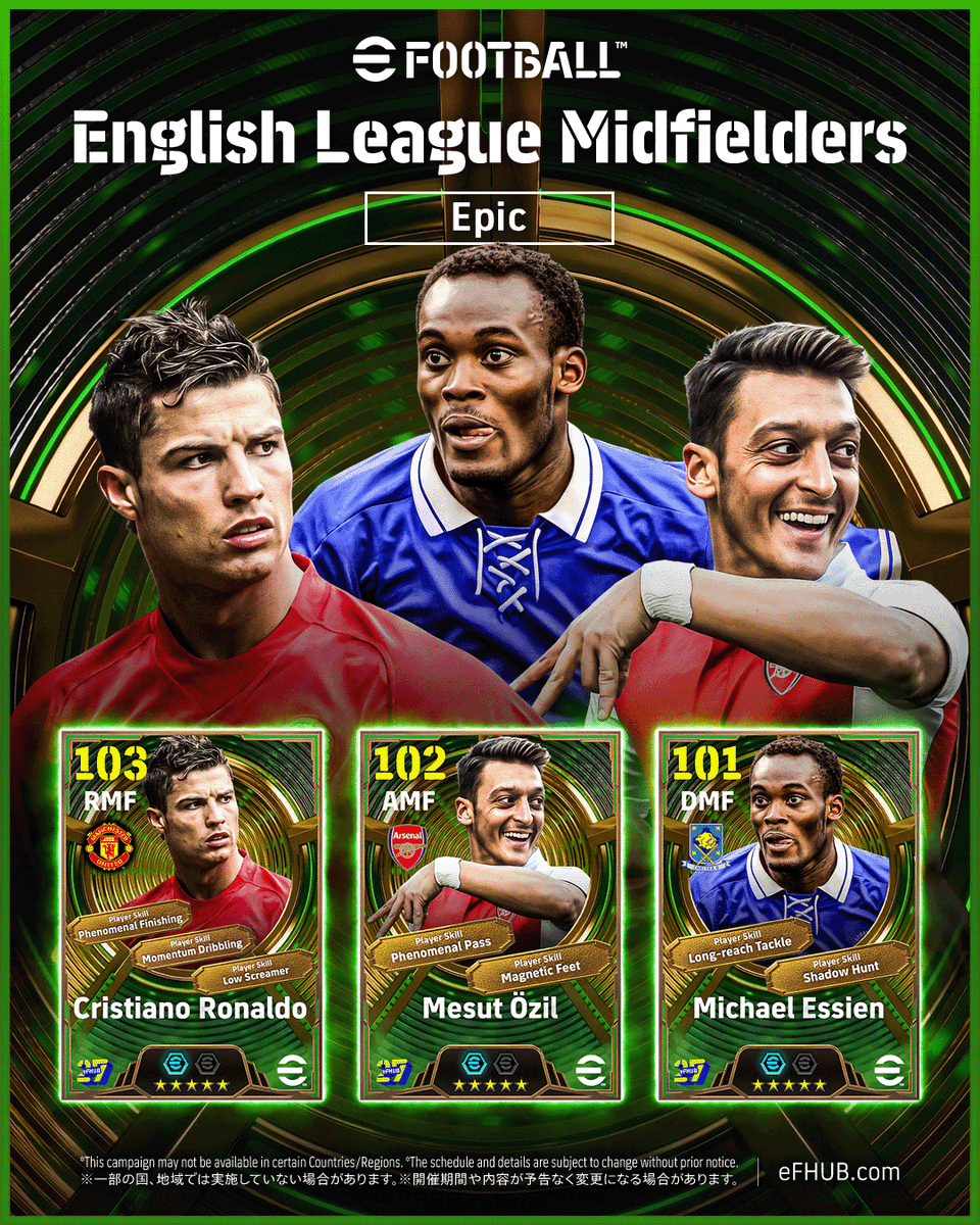 eFHUBx's tweet photo. [𝐂𝐎𝐍𝐂𝐄𝐏𝐓-𝐀𝐑𝐓] Epic : English League Midfielders 🏴󠁧󠁢󠁥󠁮󠁧󠁿🎯

🇵🇹 Cristiano Ronaldo
🇩🇪 Mesut Özil
🇬🇭 Michael Essien

#eFootball2027 | #eFHUB https://t.co/9yZcrpJzDd