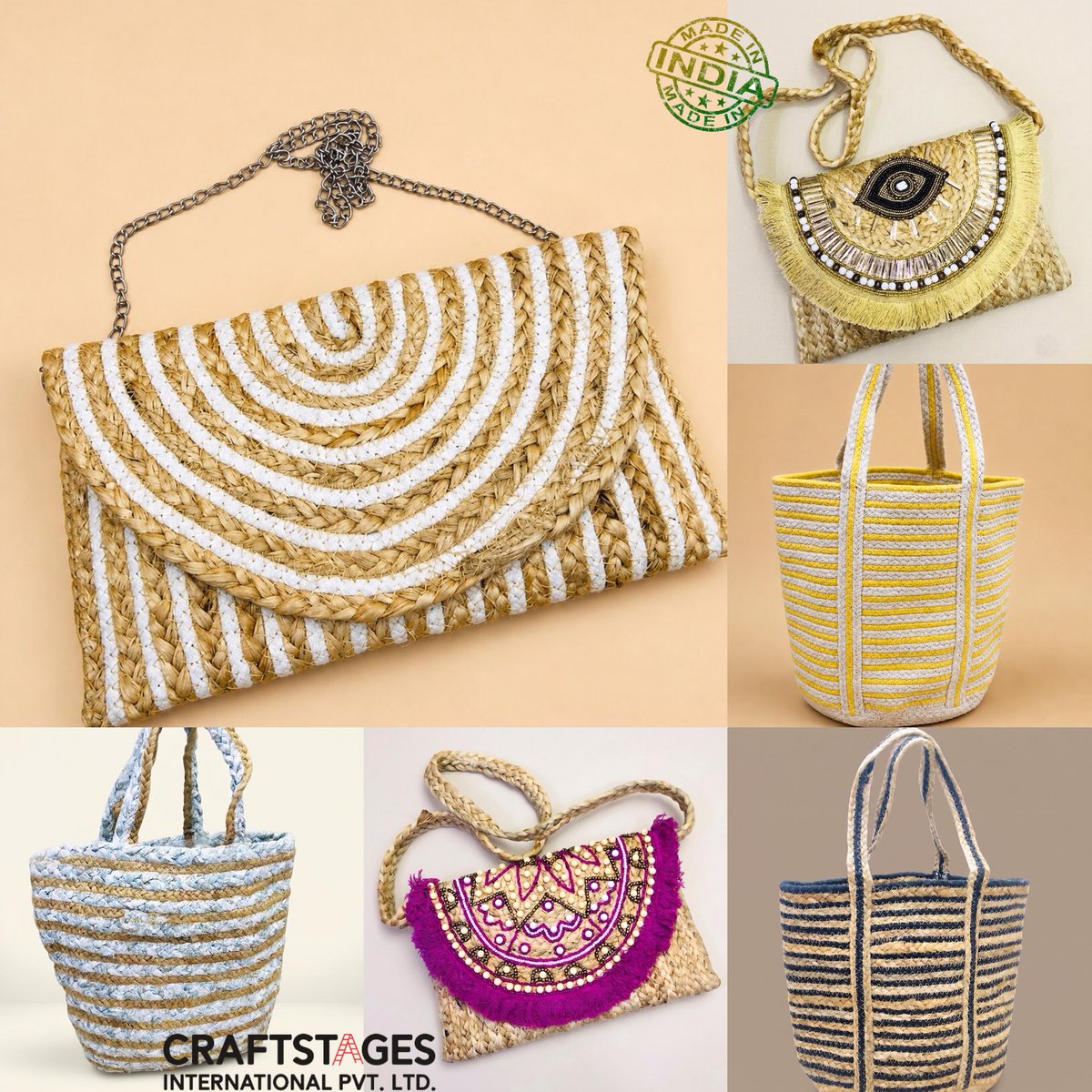 CraftstagesCs's tweet photo. Discover the timeless charm of handcrafted jute bags designed for style, durability, and sustainability. Our collection features elegant clutches, trendy sling bags, and spacious tote bags, each beautifully handcrafted with premium jute and detailed embellishments. https://t.co/DgH7AeQB2u