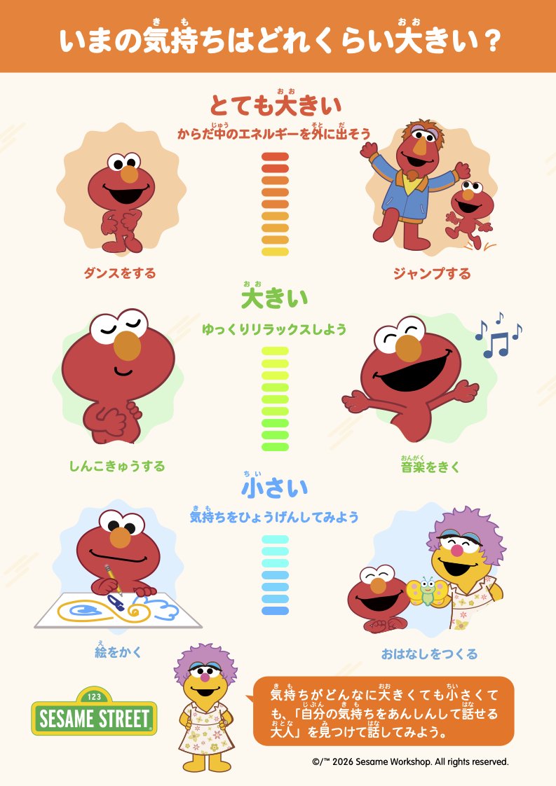 sesamejapan's tweet photo. 緊急時、子どもたちは自分の世界がひっくり返ったような気持ちになることがあります。

こわい、不安、悲しい、どれも大切な感情です。
一度にいくつもの感情を抱くこともあります。

そんなときは、「気持ちのものさし」を使って、まずは「今どんな気持ち？」と聞いてみてください🌱 https://t.co/7ZbRHxMc3y