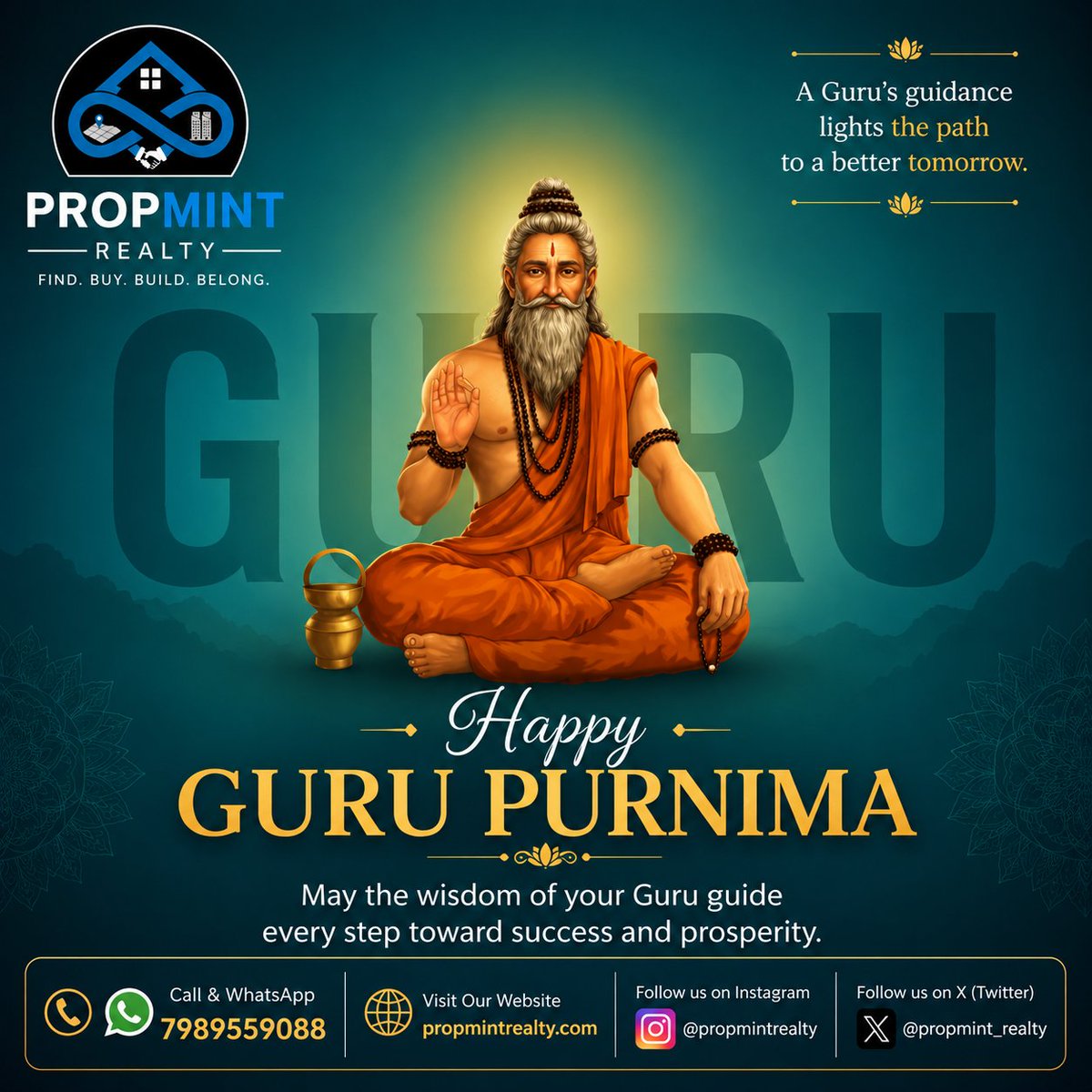 propmint75807's tweet photo. Happy Guru Purnima! π
A Guru's wisdom inspires us to grow, learn, and achieve our dreams. Wishing you and your family peace, prosperity, and success.
π https://t.co/jIQNr86GXL
π 7989559088
#GuruPurnima #HappyGuruPurnima #PropmintRealty
#RealEstateTips https://t.co/i997y45k9U