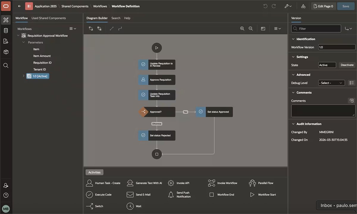 OracleDevs's tweet photo. Walk through how tenant isolation works in Oracle APEX Workflow using a simple requisition approval application, and how Workflow instances and Tasks automatically remain scoped to the appropriate tenant when the Tenant ID is properly configured. #orclAPEX https://t.co/GNZnBjVeP5 https://t.co/hcNSIdVkQM