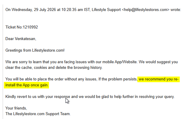 venkatepost's tweet photo. Hi @Lifestyle_Store,
What is the use of ur app if it can't send the OTP for login, and useless customer care responses from templates without ever reading the concern?!

I have reported that I re-installed the app multiple times on both android and iOS and it fail to send OTP. https://t.co/qQW24sKdB7