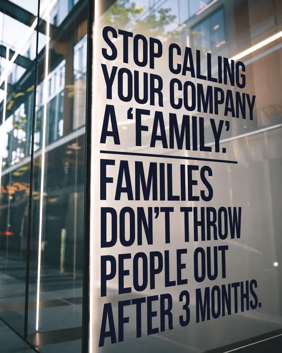aadharkc's tweet photo. The fastest way to lose trust isn't a layoff.

It's telling people they're "family" until the spreadsheet says otherwise.

Companies are businesses.

There's nothing wrong with that.

Just don't confuse branding with culture.

#Leadership #WorkCulture #Family https://t.co/IokDSJ7Sui
