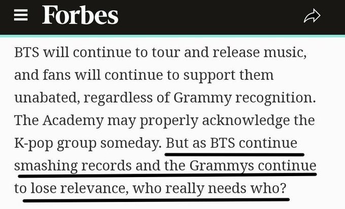 pjmIesviu's tweet photo. "Pero a medida que BTS sigue rompiendo récords y los Grammy siguen perdiendo relevancia, quién necesita realmente a quién?"

ESTAS PALABRAS FUERON TAN CIERTAS, Y AHORA QUE ESOS PREMIOS QUIEREN HACER DE MENOS A LOS ARTISTAS ASIATICOS PARA QUE SUS GRINGOS NO SEAN OPACADOS, BTS decidió no presentar sus canciones a los grammys y es una gran decisión que pudieron tomar, orgullo decir que sigo al grupo correcto ♡
