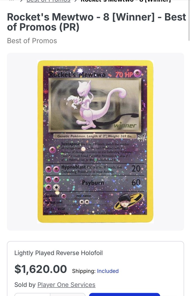 astro_degens's tweet photo. Rocket’s Mewtwo Winner #8 – Best of Promos Reverse Holofoil

Estimated Market Value: $1,620

Found this Rockets Mewtwo Best Promo at a card shop Today & purchased it immediately. 

Profit $1.1K walking out the Store 🥵

Instead of keeping it… I’m giving it away to one lucky follower. 🎁

Just follow, like, RT & reply for your chance to win.

Good luck, Trainers! 🍀