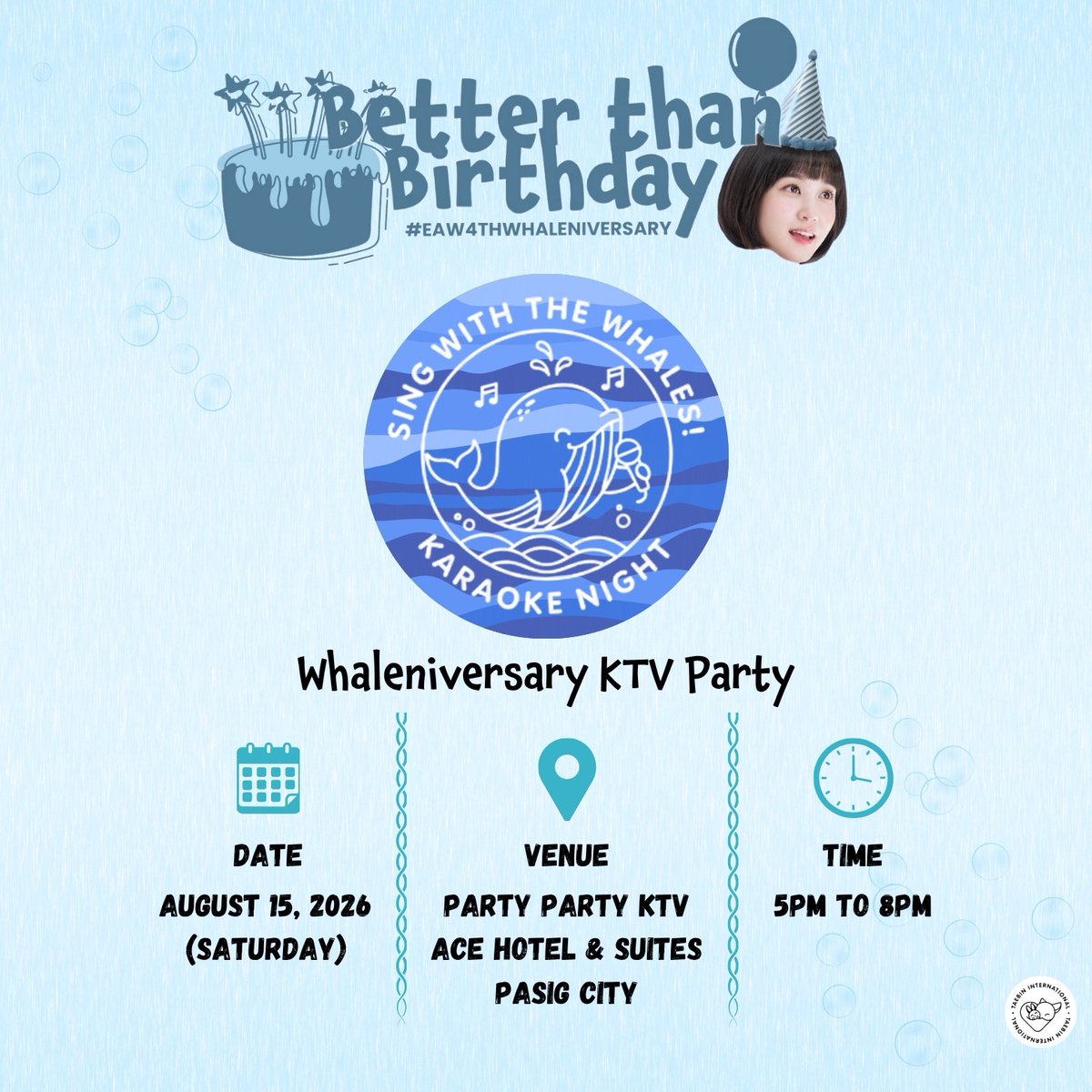 taebinintl's tweet photo. [FAN PROJECT] Better Than Birthday: EAW 4th Whaleniversary for a Cause

🐳 3 DAYS TO GO (Aug 1 sign-up)! Don’t miss your chance to join our Aug 15 KTV Party 🎤💙

Register: https://t.co/spwegHCIbH

#ExtraordinaryAttorneyWoo #BetterThanBirthday #EAW4thWhaleniversary https://t.co/mpcbMxSW9T