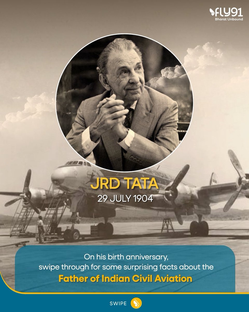 fly91_IN's tweet photo. On JRD Tata's birth anniversary, swipe through for some remarkable stories about the man whose vision shaped Indian civil aviation and continues to inspire us every day! 

#jrdtata #tata #airindia #fly91 https://t.co/9jkBzYJb6N