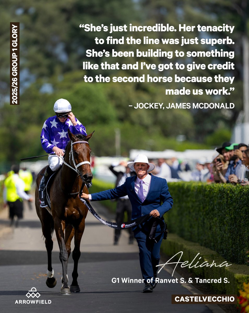 ArrowfieldStud's tweet photo. Castelvecchio's brilliantly classy daughter Aeliana added the G1 Ranvet S. &amp; Tancred S. to her dominant, 5-length 2025 Australian Derby G1 victory. #Group1Glory #SeasonReview https://t.co/uuiFkwUVf8