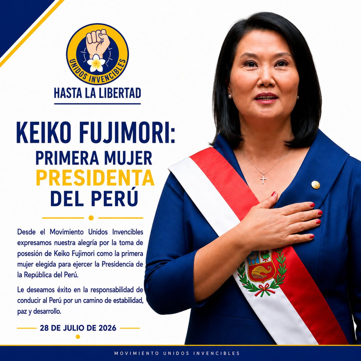 IrlandaJerez's tweet photo. 🇵🇪 KEIKO FUJIMORI: PRIMERA MUJER PRESIDENTE DEL PERÚ

Desde el Movimiento Unidos Invencibles saludamos al pueblo peruano por el inicio de una nueva etapa en su historia y expresamos nuestra alegría por la toma de posesión de Keiko Fujimori como la primera mujer elegida para ejercer la Presidencia de la República del Perú.

Su llamado a la reconciliación nacional, a la unidad de todos y a construir puentes por encima de las diferencias representa el camino que necesitan las naciones cuando han sido marcadas por años de división, confrontación y heridas profundas. Ningún país puede avanzar si permanece atrapado en el odio, en la corrupción o en el autoritarismo; solo el respeto por la vida y el compromiso con el bien común pueden abrir las puertas de un nuevo inicio.

Valoramos su mensaje de colocar al Estado nuevamente al servicio de los ciudadanos, de gobernar con resultados, disciplina, capacidad y vocación de servicio.

Confiamos en la capacidad y la fortaleza de la presidenta Keiko Fujimori para conducir al Perú por un camino de estabilidad, paz y desarrollo.

28 de julio de 2026

Irlanda Jerez
Coordinadora General
Unidos INVENCIBLES 💛💙💪🏻🇳🇮🙏🏻 @KeikoFujimori
@FuerzaPopular__ @ope_peru
#KeikoFujimori #Perú #Libertad #Justicia #Democracia