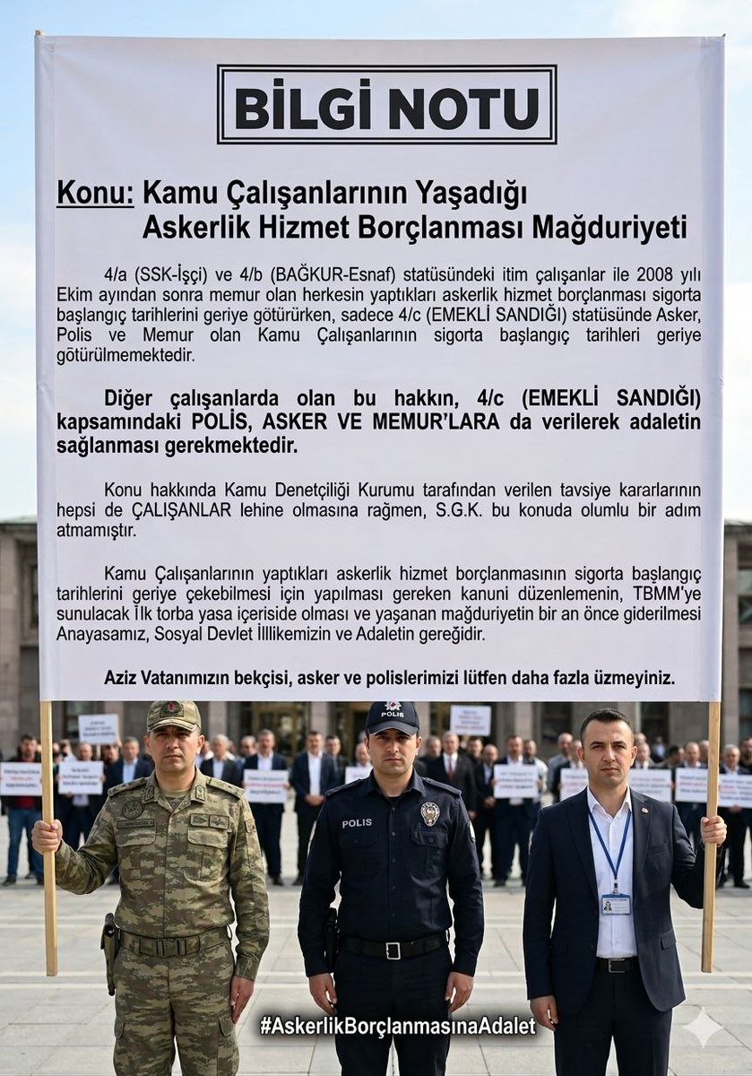 SakaryaKem29264's tweet photo. @samiltayyar27 Sn @samiltayyar27 bey
Polis ve Askerlerin bütçeye yük olmayan çözümü çok basit diğer sorunuda #AskerlikBorçlanması  mağduriyeti.

Artık mağduriyetimiz çözülsün istiyoruz.

Kamu Denetçiliği Kurumu lehimize onlarca karar verdi SGK uygulamıyor.

Lütfen bizi unutmayın https://t.co/IYFOEM3511