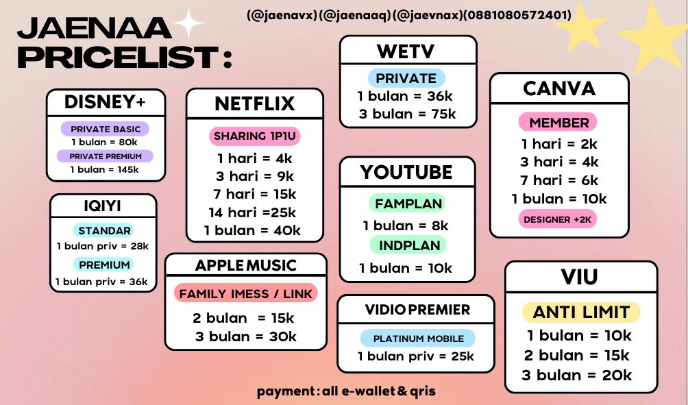 jaenavx's tweet photo. sudaa open aplikasi premium ( NETFLIX | VIU | DISNEY+ HOTSTAR | CANVA | YOUTUBE| WETV | IQIYI 🥢
silahkan chat untuk ketersediaan stok— tysm🙆🏻‍♀️💗

♡ testi https://t.co/wSqF4hb2C6
🐚 payment all e-wallet &amp; qris
🪷 order dm or https://t.co/Hax1EL6MhQ 
#zonauang #zonaba #zonajajan https://t.co/2B6AGo9v2z