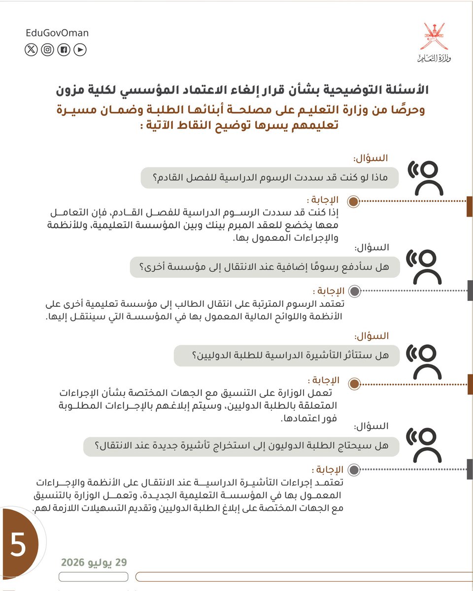 EduGovOman's tweet photo. الأسئلة التوضيحية بشأن قرار إلغاء الاعتماد المؤسسي لكلية مزون.

#وزارة_التعليم https://t.co/3RUqBwyIRI