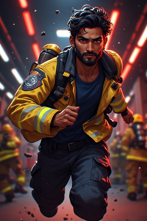 TheMarkofEvil's tweet photo. Meet Atish, an Indian firefighter putting his life on the line. 🚒🔥 Track his quiet day at the station, where heroic building rescues happen at a moment's notice. Stopping fires and saving puppies, just a day's work. 🚨🐶#AIArt #TheMarkofEvilArt #NewCreator #OCArt #Firefighter https://t.co/AJDjdOvy5Y