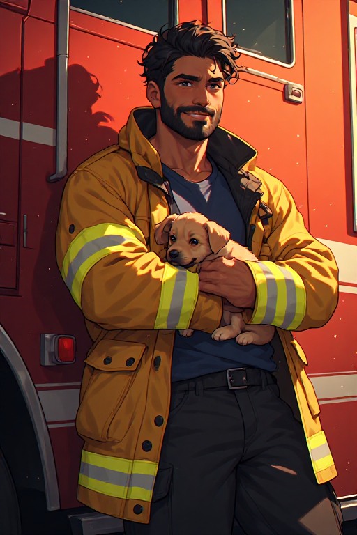 TheMarkofEvil's tweet photo. Meet Atish, an Indian firefighter putting his life on the line. 🚒🔥 Track his quiet day at the station, where heroic building rescues happen at a moment's notice. Stopping fires and saving puppies, just a day's work. 🚨🐶#AIArt #TheMarkofEvilArt #NewCreator #OCArt #Firefighter https://t.co/AJDjdOvy5Y