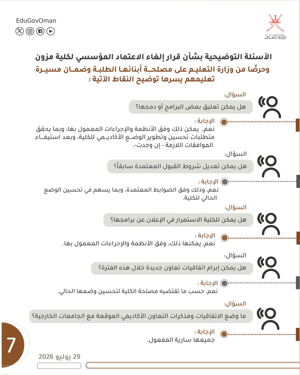EduGovOman's tweet photo. الأسئلة التوضيحية بشأن قرار إلغاء الاعتماد المؤسسي لكلية مزون.

#وزارة_التعليم https://t.co/dk1NmRd9Vt